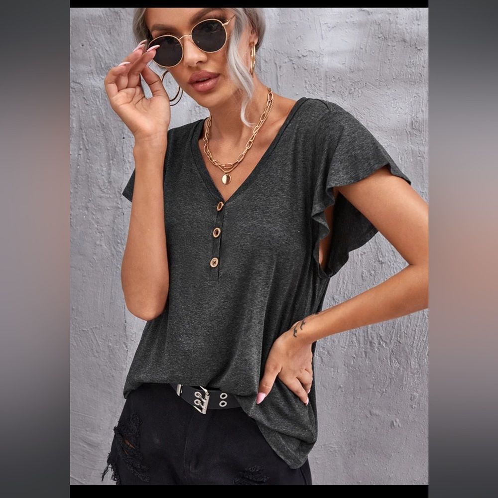 Shein V- Neck Butterfly Sleeve Tee Gray Size Large